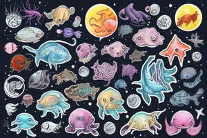 Deep sea creatures in space in colour tattoo idea