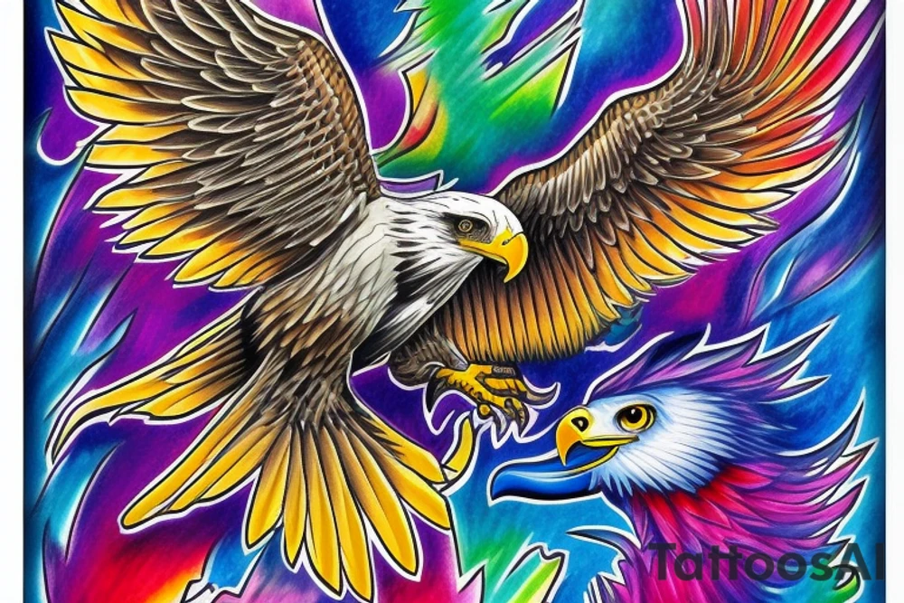 a colourful eagle flying with wide wing span tattoo idea