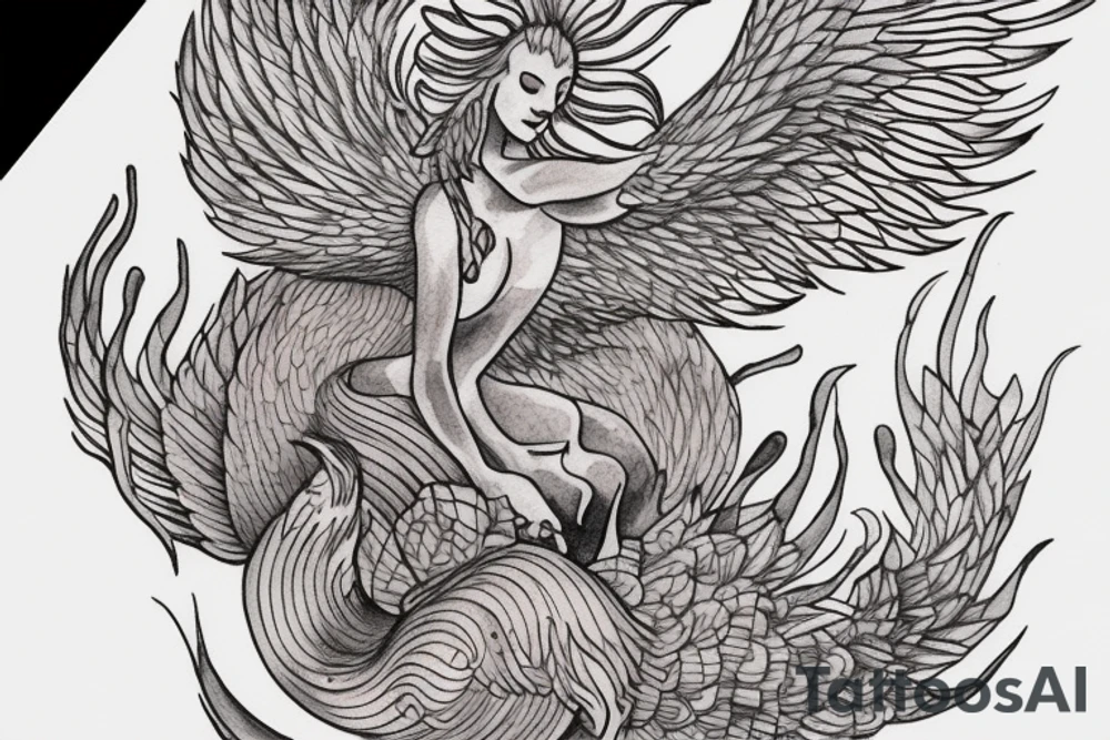 a mother phoenix rising from the ashes with a two baby phoenix's. tattoo idea
