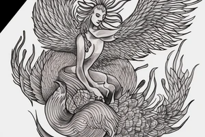a mother phoenix rising from the ashes with a two baby phoenix's. tattoo idea