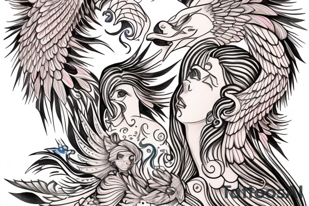 a mother phoenix rising from the ashes with a two baby phoenix's. tattoo idea