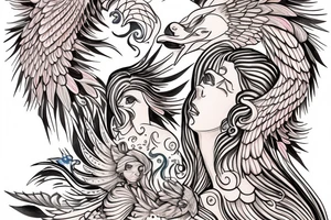a mother phoenix rising from the ashes with a two baby phoenix's. tattoo idea
