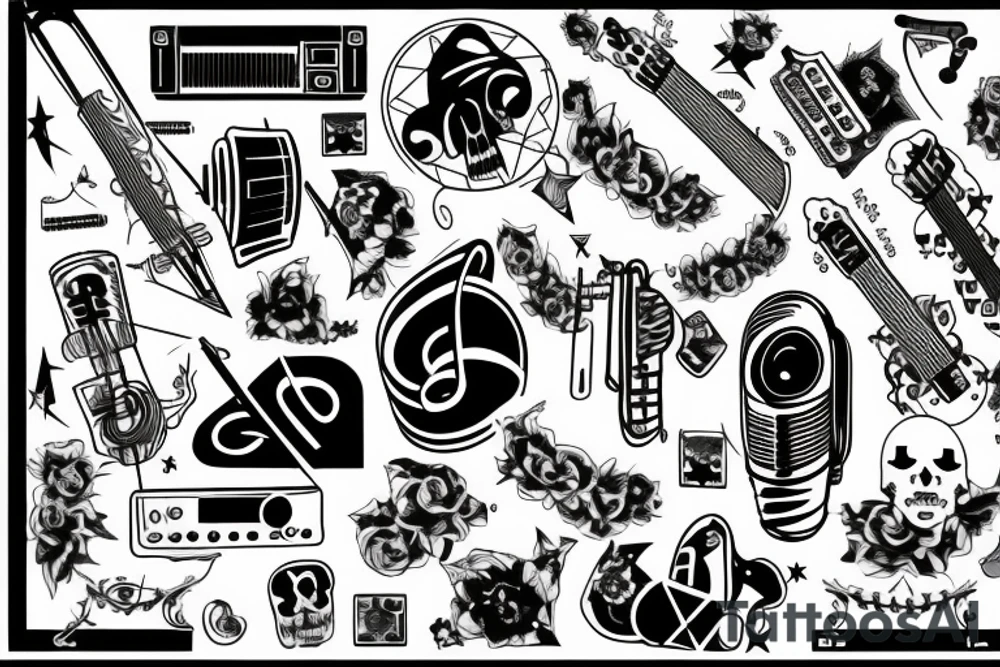 Bass clef, stars, microphone, skulls, cassette tape, "rock n' roll", synthwave, sleeve tattoo idea