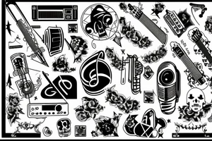 Bass clef, stars, microphone, skulls, cassette tape, "rock n' roll", synthwave, sleeve tattoo idea