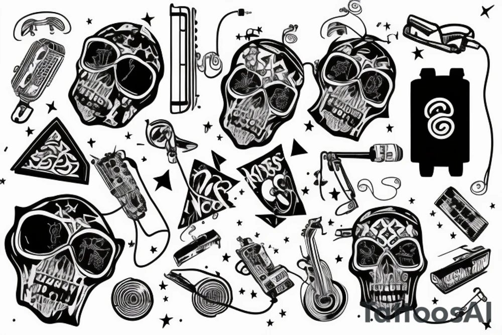 Bass clef, stars, microphone, skulls, cassette tape, "rock n' roll", synthwave, sleeve tattoo idea
