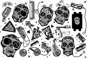 Bass clef, stars, microphone, skulls, cassette tape, "rock n' roll", synthwave, sleeve tattoo idea