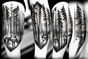 Wolves in a forest in trees approaching a dark church tattoo idea