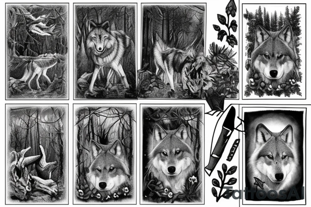 Wolves in a forest in trees approaching a dark church tattoo idea