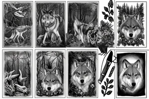 Wolves in a forest in trees approaching a dark church tattoo idea