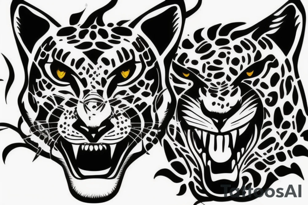 Two fierce jaguars in the jungle tattoo idea