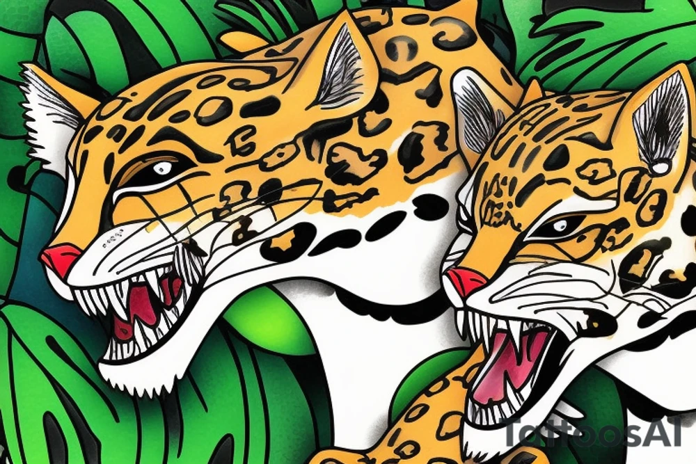 Two hunting jaguars in the jungle tattoo idea