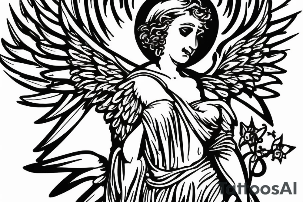 Catholic figure with wings holding sceptre, fine black lines tattoo idea Catholic figure with wings holding sceptre, fine black lines tattoo idea
