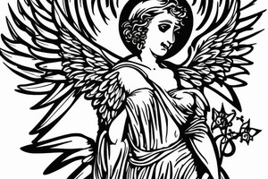 Catholic figure with wings holding sceptre, fine black lines tattoo idea