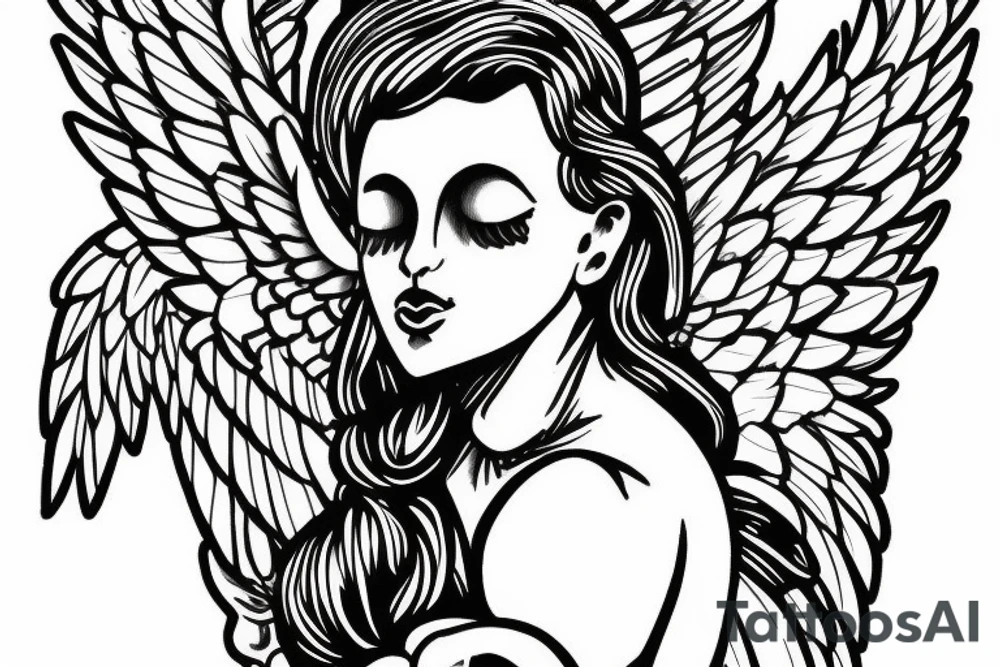 Catholic figure with wings holding sceptre, fine black lines tattoo idea Catholic figure with wings holding sceptre, fine black lines tattoo idea
