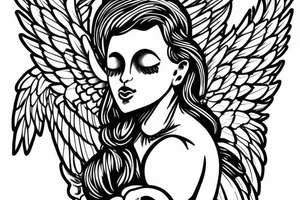 Catholic figure with wings holding sceptre, fine black lines tattoo idea
