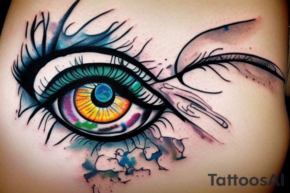 Realistic eye crying coloured paint tattoo idea