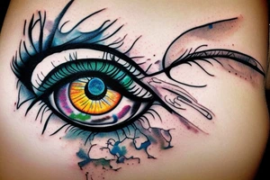 Realistic eye crying coloured paint tattoo idea