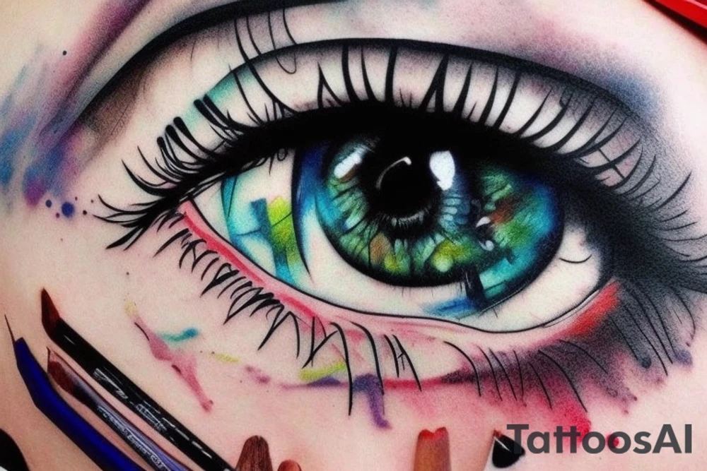 Realistic eye crying coloured paint tattoo idea