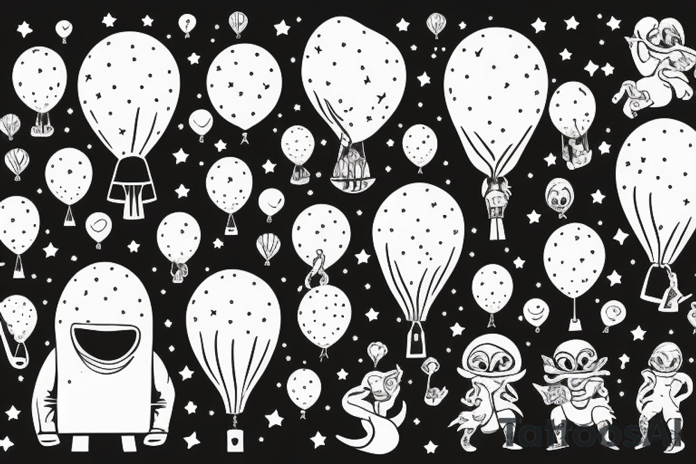 alien landing holding balloons in hand tattoo idea