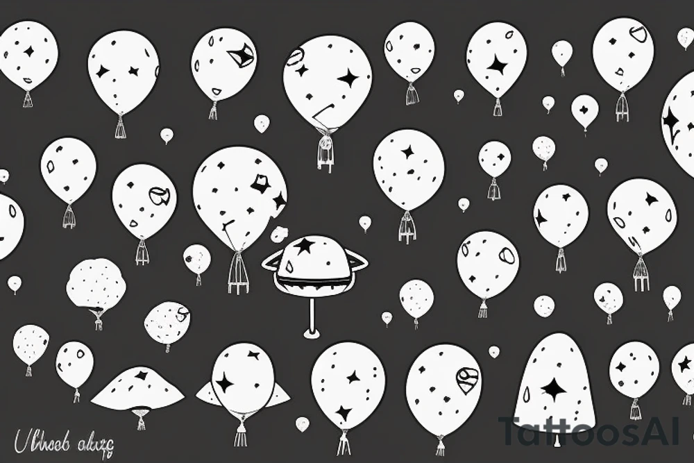 alien landing holding balloons in hand tattoo idea