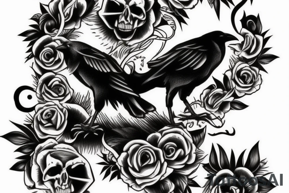 crow on top of a cat skull tattoo idea