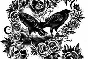 crow on top of a cat skull tattoo idea