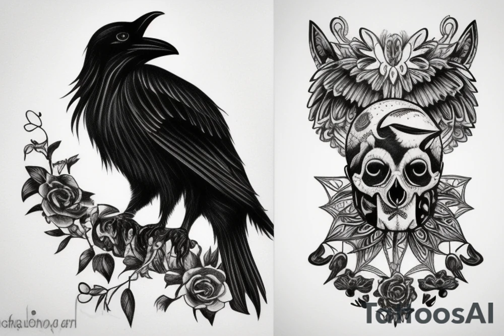 crow on top of a cat skull tattoo idea