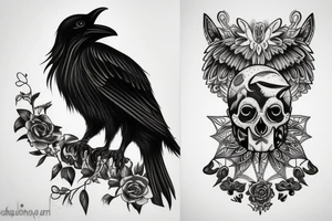 crow on top of a cat skull tattoo idea