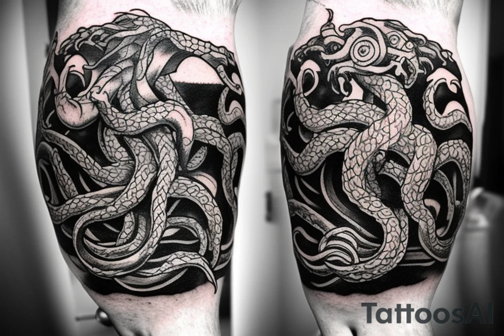 Kraken crushing a ship with a warrior on top on forearm tattoo idea