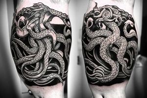 Kraken crushing a ship with a warrior on top on forearm tattoo idea