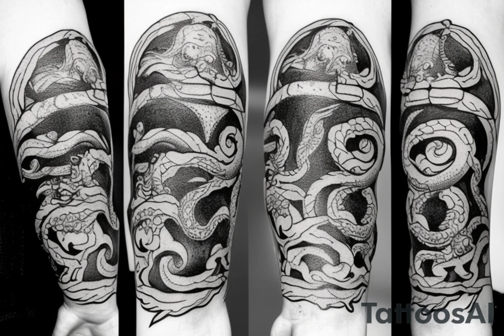 Kraken crushing a ship on forearm tattoo idea