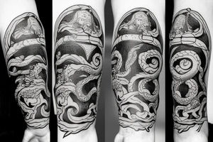Kraken crushing a ship on forearm tattoo idea