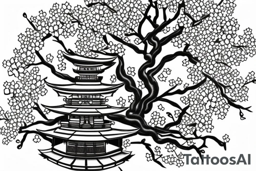 Japanese temple with cherry blossom tree right below tattoo idea