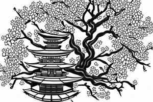 Japanese temple with cherry blossom tree right below tattoo idea