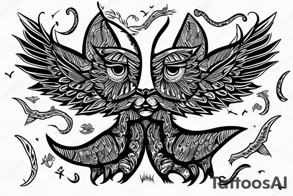 Moon cat tattoo sketch with wings tattoo idea