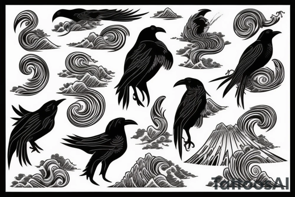 Black crow with hokusai waves tattoo idea