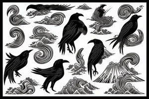 Black crow with hokusai waves tattoo idea