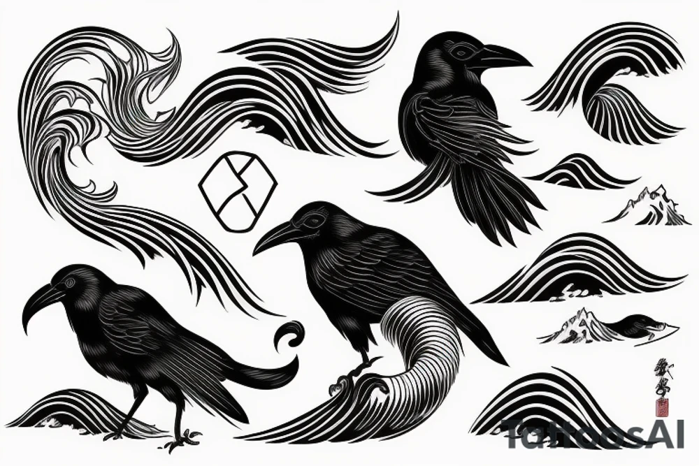 Black crow with hokusai waves tattoo idea