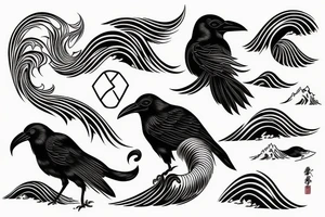 Black crow with hokusai waves tattoo idea