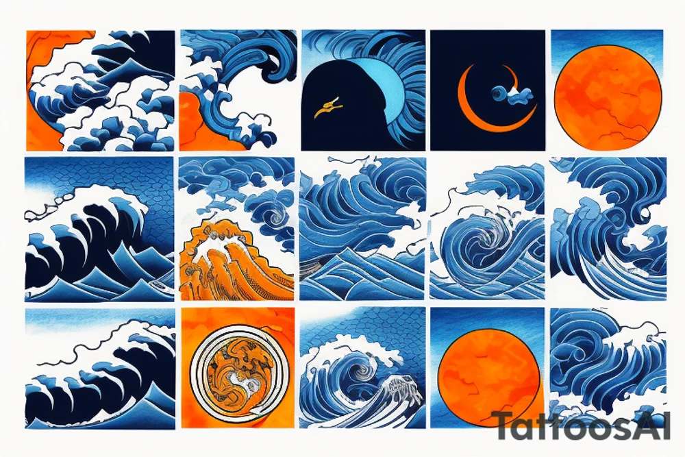 Black crow with blue hokusai waves and orange sun tattoo idea