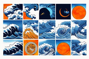 Black crow with blue hokusai waves and orange sun tattoo idea