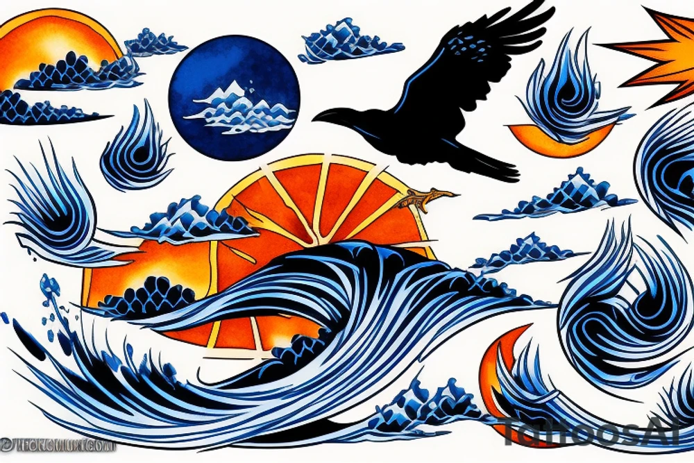 Black crow with blue hokusai waves and orange sun tattoo idea