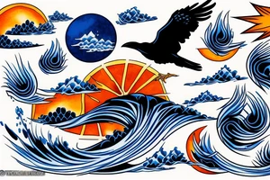 Black crow with blue hokusai waves and orange sun tattoo idea
