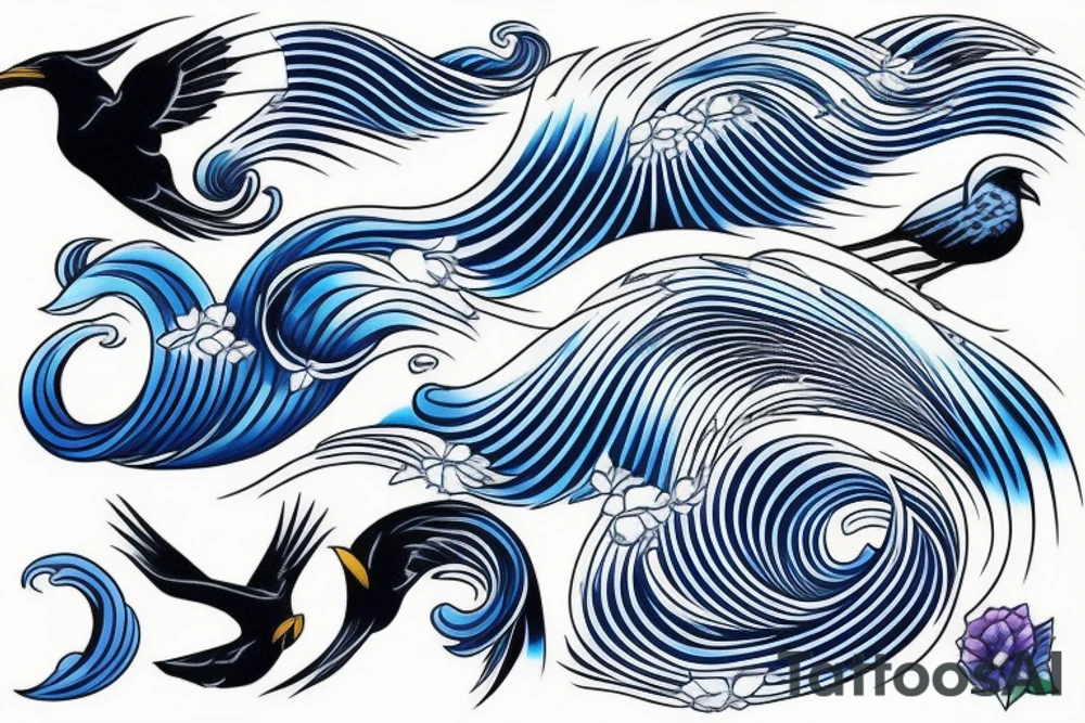 Black crow with blue hokusai waves tattoo idea