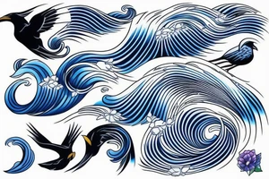 Black crow with blue hokusai waves tattoo idea