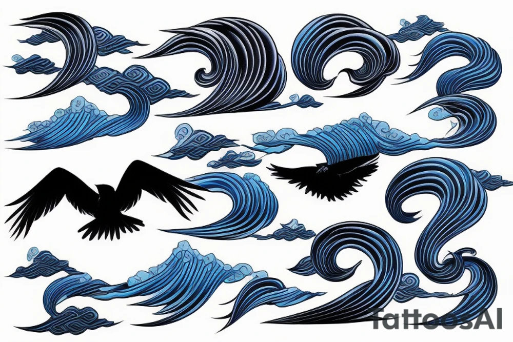 Black crow with blue hokusai waves tattoo idea