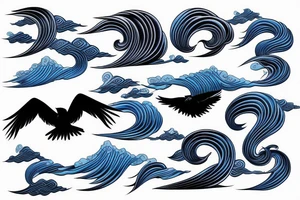 Black crow with blue hokusai waves tattoo idea
