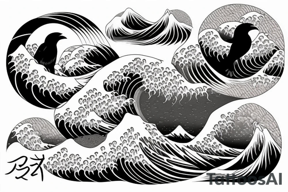 crow with hokusai waves tattoo idea