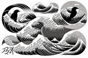 crow with hokusai waves tattoo idea
