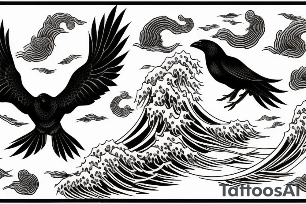 crow with hokusai waves tattoo idea